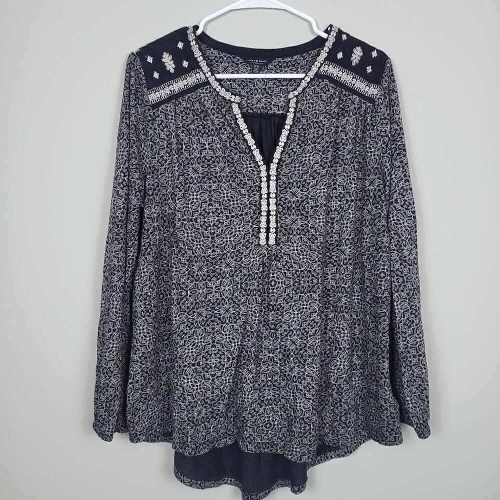 Lucky Brand Womens Embroidered Balloon Sleeve Top Size 1X Black Boho Gypsy Indie